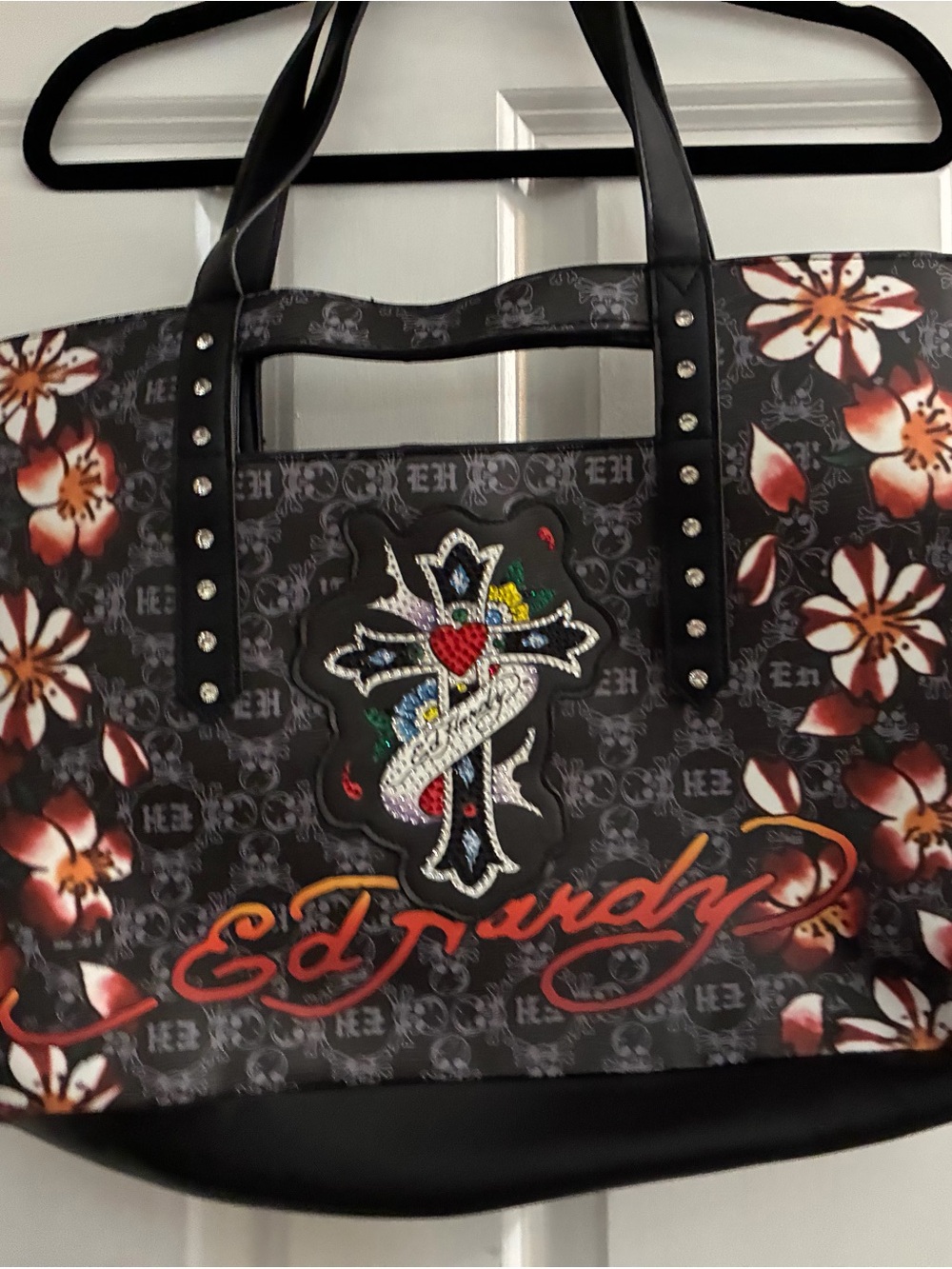 Ed Hardy Black Floral Cross Tote with Studded Straps